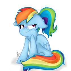 Size: 1000x1000 | Tagged: safe, artist:vanillashineart, derpibooru import, rainbow dash, pegasus, pony, alternate hairstyle, blushing, cute, dashabetes, floppy ears, ponytail, simple background, sitting, solo, white background