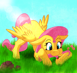 Size: 1711x1621 | Tagged: safe, fluttershy, ladybug, pegasus, pony, creamy art, cute, flank up, floppy ears, lens flare, shyabetes, smiling, solo