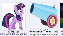 Size: 345x198 | Tagged: safe, derpibooru import, twilight sparkle, /mlp/, exploitable meme, headcanon, header, juxtaposition, juxtaposition win, meme, meta, party cannon, solo