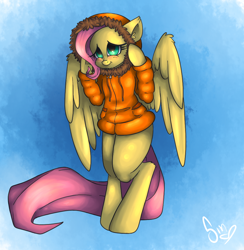 Size: 1000x1024 | Tagged: safe, artist:poisindoodles, fluttershy, pegasus, pony, blushing, clothes, crossover, cute, female, jacket, kenny mccormick, parka, shyabetes, solo, south park