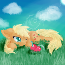 Size: 1000x1000 | Tagged: dead source, safe, artist:dragolina01, applejack, earth pony, pony, worm, apple, ear fluff, fluffy, grass, prone, solo