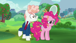 Size: 1279x719 | Tagged: safe, screencap, pinkie pie, svengallop, earth pony, pony, the mane attraction, apple tree, bullying, clothes, duo, female, food, glare, gritted teeth, male, mare, messy mane, necktie, plate, sad, stallion, suit, tree, wheat