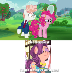Size: 1279x1302 | Tagged: safe, screencap, diamond tiara, pinkie pie, spoiled rich, svengallop, earth pony, pony, crusaders of the lost mark, the mane attraction, debate in the comments, discovery family logo, drama, image macro, meme, op is a cuck, smiling, spoiled rich drama, telling lies, worst pony