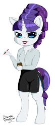 Size: 1098x2529 | Tagged: safe, artist:salamishowdown, rarity, anthro, unguligrade anthro, chibi, clothes, female, lip gloss, lipstick, notepad, pencil, shirt, side slit, simple background, skirt, solo, transparent background