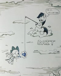 Size: 3024x3780 | Tagged: safe, artist:loreto-arts, derpibooru import, rainbow dash, spike, dragon, pegasus, pony, cloud, diamond, fishing rod, gem, inktober, monochrome, neo noir, partial color, traditional art, winged spike