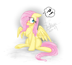 Size: 594x537 | Tagged: safe, artist:catwalkooo, fluttershy, pegasus, pony, blushing, sitting, solo, spread wings