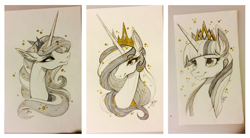 Size: 800x441 | Tagged: safe, artist:probablyfakeblonde, princess celestia, princess luna, twilight sparkle, twilight sparkle (alicorn), alicorn, pony, monochrome, new crown, traditional art