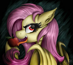 Size: 2000x1800 | Tagged: safe, artist:kikirdcz, fluttershy, bat pony, pony, undead, vampire, vampony, apple, flutterbat, food, fruit, licking, open mouth, signature, solo, tongue out