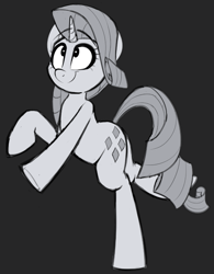 Size: 653x837 | Tagged: safe, artist:january3rd, rarity, pony, unicorn, black background, female, grayscale, looking up, mare, monochrome, simple background, smiling, solo, standing, standing on one leg