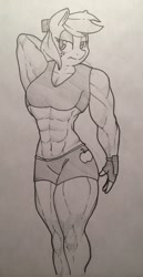 Size: 658x1280 | Tagged: safe, artist:zacharyisaacs, applejack, anthro, abs, applejacked, monochrome, muscles, solo