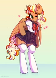 Size: 1564x2160 | Tagged: safe, artist:yukomaussi, oc, oc only, oc:cheese breeze, pegasus, semi-anthro, bipedal, clothes, cute, female, heart, hoof on hip, looking at you, mare, miniskirt, moe, one eye closed, simple background, skirt, socks, solo, thigh highs, wink, zettai ryouiki