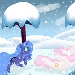 Size: 1000x1000 | Tagged: safe, artist:sebablackluna, princess celestia, princess luna, alicorn, pony, cewestia, female, filly, mare, pink-mane celestia, snow, tree, winter, woona, younger