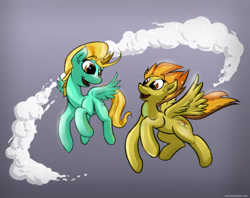 Size: 2711x2144 | Tagged: safe, artist:azzy-cola, derpibooru import, lightning dust, spitfire, :d, flying, smoke