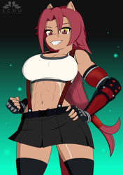 Size: 2400x3400 | Tagged: safe, artist:ponyecho, oc, oc:nell clearfield, anthro, abs, clothes, cosplay, costume, crossover, final fantasy, final fantasy vii, fingerless gloves, gloves, high res, looking at you, miniskirt, muscles, offscreen character, pleated skirt, pov, raider, scar, skirt, smiling, socks, suspenders, thigh highs, tifa lockhart, video game crossover, zettai ryouiki
