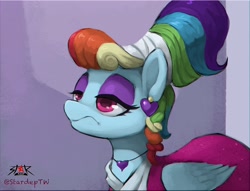 Size: 1700x1300 | Tagged: safe, artist:stardep, derpibooru import, rainbow dash, pegasus, pony, sparkle's seven, alternate hairstyle, clothes, dress, ear piercing, eyeshadow, female, jewelry, lidded eyes, makeup, mare, megaradash, necklace, piercing, rainbow dash always dresses in style, rainbow dash is not amused, scene interpretation, solo, unamused