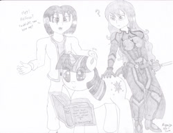 Size: 3312x2552 | Tagged: safe, artist:mc-ryan, derpibooru import, twilight sparkle, ear grab, mitsuru kirijo, monochrome, oblivious, persona 4 arena, request, steve sandgo