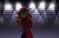 Size: 1494x969 | Tagged: safe, artist:aquilateagle, sunset shimmer, human, equestria girls, carmen sandiego, crossover, solo, stage