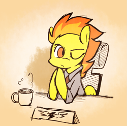 Size: 969x960 | Tagged: safe, artist:gmrqor, derpibooru import, spitfire, desk, necktie, solo