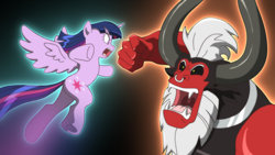 Size: 1920x1080 | Tagged: safe, artist:deannart, derpibooru import, lord tirek, twilight sparkle, twilight sparkle (alicorn), alicorn, semi-anthro, twilight's kingdom, aura, fight, flying, glare, metal, metal as fuck, open mouth, punch, spread wings, super saiyan princess, twilight vs tirek, wallpaper, wide eyes