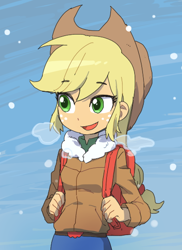 Size: 404x556 | Tagged: dead source, safe, artist:baekgup, applejack, equestria girls, backpack, clothes, cowboy hat, hat, snow, solo, stetson