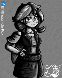 Size: 1000x1250 | Tagged: safe, artist:thedamneddarklyfox, sunset shimmer, human, equestria girls, clothes, female, hand on hip, jacket, leather jacket, looking at you, miniskirt, monochrome, simple background, skirt, smiling, solo