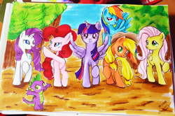 Size: 3000x1987 | Tagged: safe, artist:jenyeongi, derpibooru import, applejack, fluttershy, pinkie pie, rainbow dash, rarity, spike, twilight sparkle, twilight sparkle (alicorn), alicorn, dragon, earth pony, pegasus, pony, unicorn, female, male, mane seven, mane six, mare, traditional art, tree