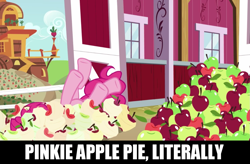 Size: 1279x839 | Tagged: safe, edit, edited screencap, screencap, pinkie pie, earth pony, pony, the mane attraction, apple, food, image macro, meme, on back, peeled apple, solo, underhoof