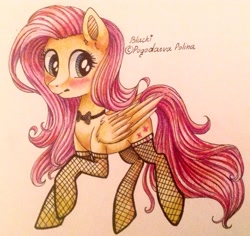 Size: 1842x1736 | Tagged: safe, artist:blacki, fluttershy, pegasus, pony, blushing, bowtie, clothes, fishnet stockings, solo, stockings, traditional art