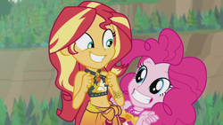 Size: 1920x1080 | Tagged: safe, screencap, pinkie pie, sunset shimmer, better together, equestria girls, unsolved selfie mysteries, belly button, bikini, clothes, cute, diapinkes, duo, duo female, female, geode of empathy, geode of sugar bombs, grin, magical geodes, midriff, ponk, sarong, shimmerbetes, sleeveless, smiling, swimsuit
