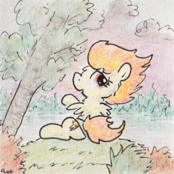 Size: 356x356 | Tagged: safe, artist:slightlyshade, derpibooru import, spitfire, pegasus, pony, clothes, forest, lake, solo, swimsuit, traditional art, wonderbolts