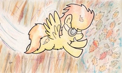 Size: 1182x710 | Tagged: safe, artist:slightlyshade, derpibooru import, spitfire, pegasus, pony, autumn, flying, goggles, leaves, solo, traditional art, wonderbolts