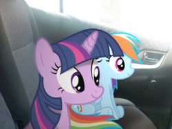 Size: 300x226 | Tagged: safe, derpibooru import, rainbow dash, twilight sparkle, unicorn twilight, pony, unicorn, car, irl, photo, ponies in real life, sitting