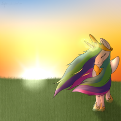 Size: 2500x2500 | Tagged: safe, artist:ponytaur, princess celestia, alicorn, pony, eyes closed, female, magic, mare, solo, sunrise, windswept mane