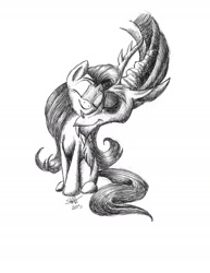 Size: 1700x2200 | Tagged: safe, artist:celestial-rainstorm, discord, fluttershy, pegasus, pony, affection, cute, discoshy, discute, eyes closed, female, male, monochrome, neck nuzzle, nuzzling, shipping, simple background, smiling, straight, traditional art, white background