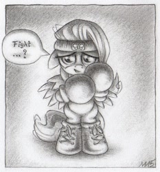 Size: 953x1021 | Tagged: safe, artist:deathcutlet, fluttershy, pegasus, pony, boxing, boxing gloves, floppy ears, monochrome, solo, traditional art