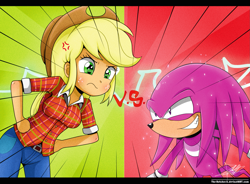 Size: 1653x1217 | Tagged: safe, artist:the-butch-x, applejack, equestria girls, cross-popping veins, crossover, knuckles the echidna, sonic the hedgehog (series), super form, super knuckles