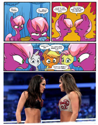 Size: 974x1250 | Tagged: safe, artist:jay fosgitt, idw, applejack, cheerilee, cherry blossom (idw), fluttershy, rarity, earth pony, pegasus, pony, unicorn, spoiler:comic, argument, brie bella, comparison, nikki bella, sisters, the bella twins, twins, wwe