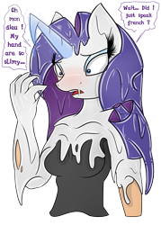 Size: 2251x3145 | Tagged: safe, artist:skyspeardraw, rarity, anthro, human, female, human to anthro, latex, rubber, simple background, slime, text, transformation, transparent background