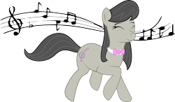 Size: 1324x772 | Tagged: safe, artist:szirru, octavia melody, earth pony, pony, eyes closed, female, happy, mare, music notes, simple background, smiling, solo, transparent background, walking