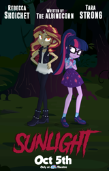 Size: 1728x2699 | Tagged: safe, artist:wubcakeva, sci-twi, sunset shimmer, twilight sparkle, fanfic:sunlight, equestria girls, choker, clothes, fake, glasses, looking at you, miniskirt, movie poster, ponytail, rebecca shoichet, red eyes, scared, shoes, skirt, socks, spiked choker, tara strong, the twilight zone, vampire shimmer