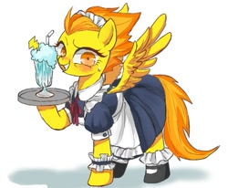 Size: 753x620 | Tagged: safe, artist:susu, derpibooru import, spitfire, pegasus, pony, blushing, clothes, cuffs (clothes), maid, milkshake, solo, stupid sexy spitfire, sweatdrop, tray, uniform, waitress