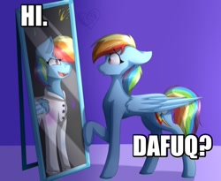 Size: 430x352 | Tagged: safe, artist:kittykat1279, derpibooru import, edit, rainbow dash, pegasus, pony, fanfic:rainbow factory, caption, clothes, dafuq, image macro, lab coat, mirror, needs more jpeg, self ponidox, text, vulgar