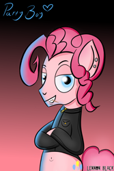 Size: 1000x1500 | Tagged: safe, artist:lennonblack, bubble berry, pinkie pie, earth pony, pony, belly button, bipedal, clothes, cutie mark, eyebrows, jacket, male, piercing, rule 63, solo, toothpick