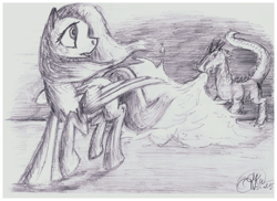 Size: 2105x1530 | Tagged: safe, artist:radiatingcalm, fluttershy, dragon, pegasus, pony, burning, chase, fire, looking back, monochrome, raised hoof, raised leg, running, scared, sketch, windswept mane