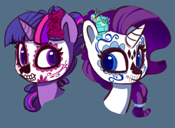 Size: 3100x2280 | Tagged: safe, artist:lilfunkman, rarity, twilight sparkle, pony, unicorn, blue background, bust, cute, dia de los muertos, duo, face paint, female, flower, flower in hair, lesbian, mare, rarilight, scrunchie, shipping, simple background, smiling, teal background