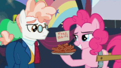 Size: 631x355 | Tagged: safe, edit, edited screencap, screencap, pinkie pie, svengallop, earth pony, pony, the mane attraction, animated, bacon, clone high, food, meat, unamused