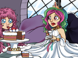 Size: 800x600 | Tagged: safe, artist:seniloko, princess celestia, oc, oc:fluffle puff, human, cake, clothes, cup, dress, food, humanized, tea, teacup, tongue out, wide eyes, window