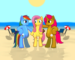 Size: 1280x1024 | Tagged: safe, derpibooru import, fluttershy, rainbow dash, pegasus, pony, beach, beach chair, bipedal, ocean, summer, sun