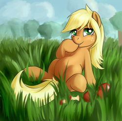 Size: 1600x1586 | Tagged: safe, artist:sokolas, applejack, earth pony, pony, alternate hairstyle, apple, belly, grass field, loose hair, sitting, solo, strategically covered