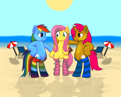 Size: 1280x1024 | Tagged: safe, derpibooru import, fluttershy, rainbow dash, pegasus, pony, beach, beach chair, bipedal, clothes, ocean, rainbow socks, socks, striped socks, summer, sun